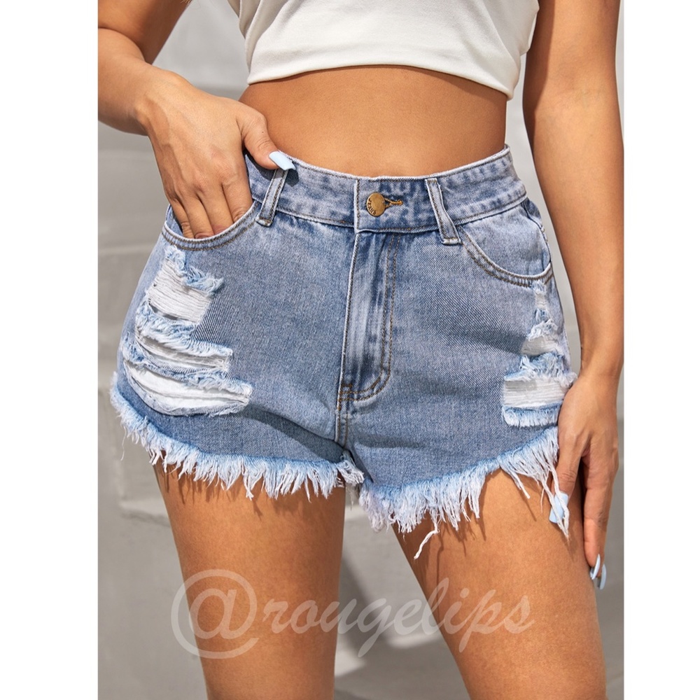 Light Wash Blue Denim Shorts Distressed Ripped High Waist Raw Hem - Picture 6 of 15